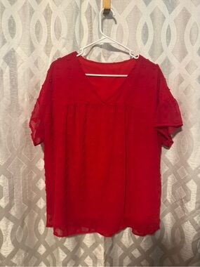 Women's Red V-Neck Textured Short Sleeve Top